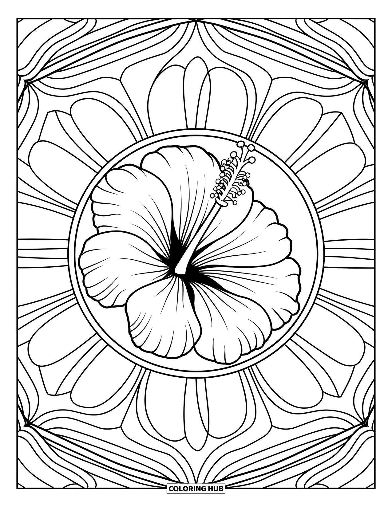 Hibiscus Coloring Page for Adults: Hibiscus bloom in the center of a bold kaleidoscope mandala