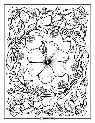 Desenho de hibisco para colorir para adultos: Flor de hibisco no meio de um design de mandala com folhagem