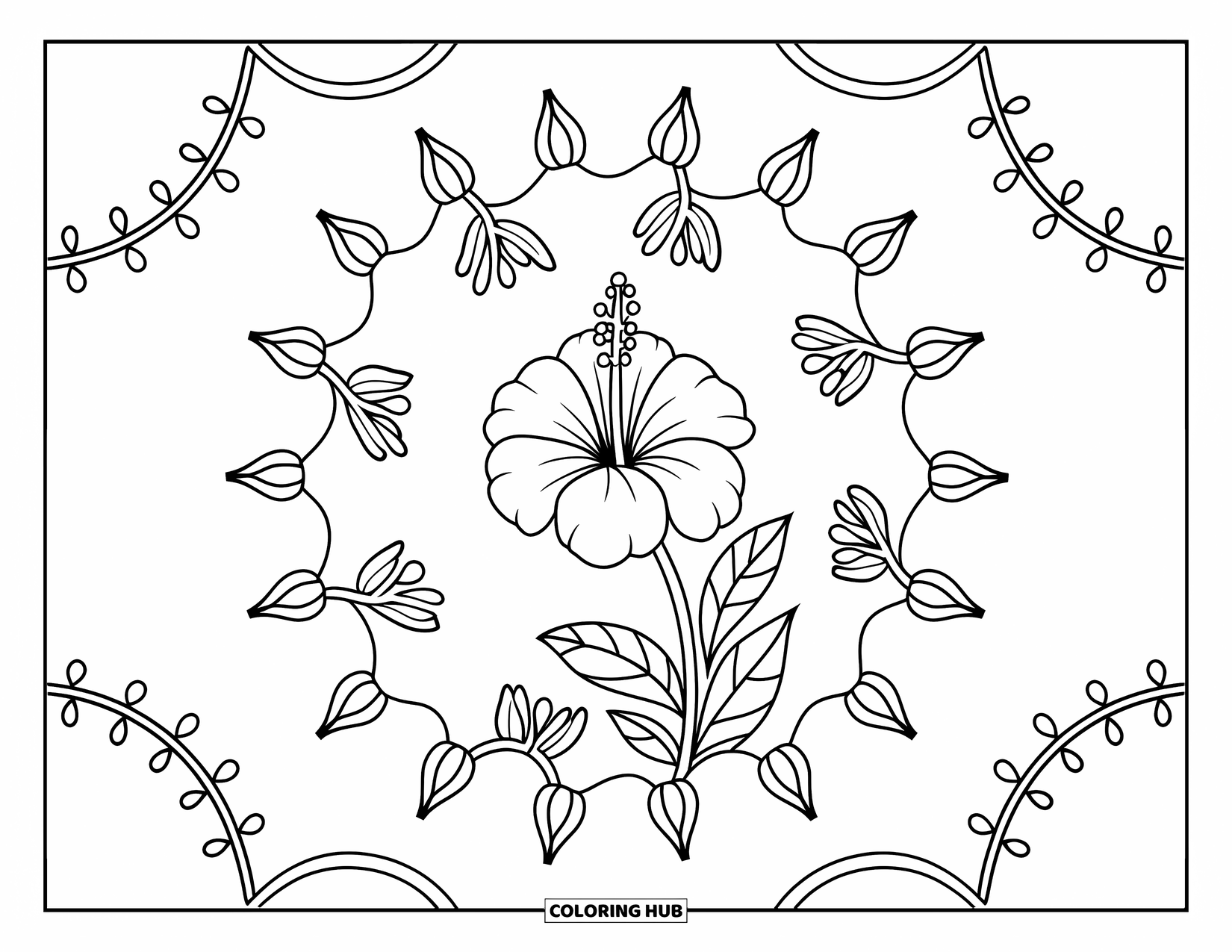Hibiscus Coloring Page for Adults: Hibiscus bloom with vines forming a peaceful mandala circle