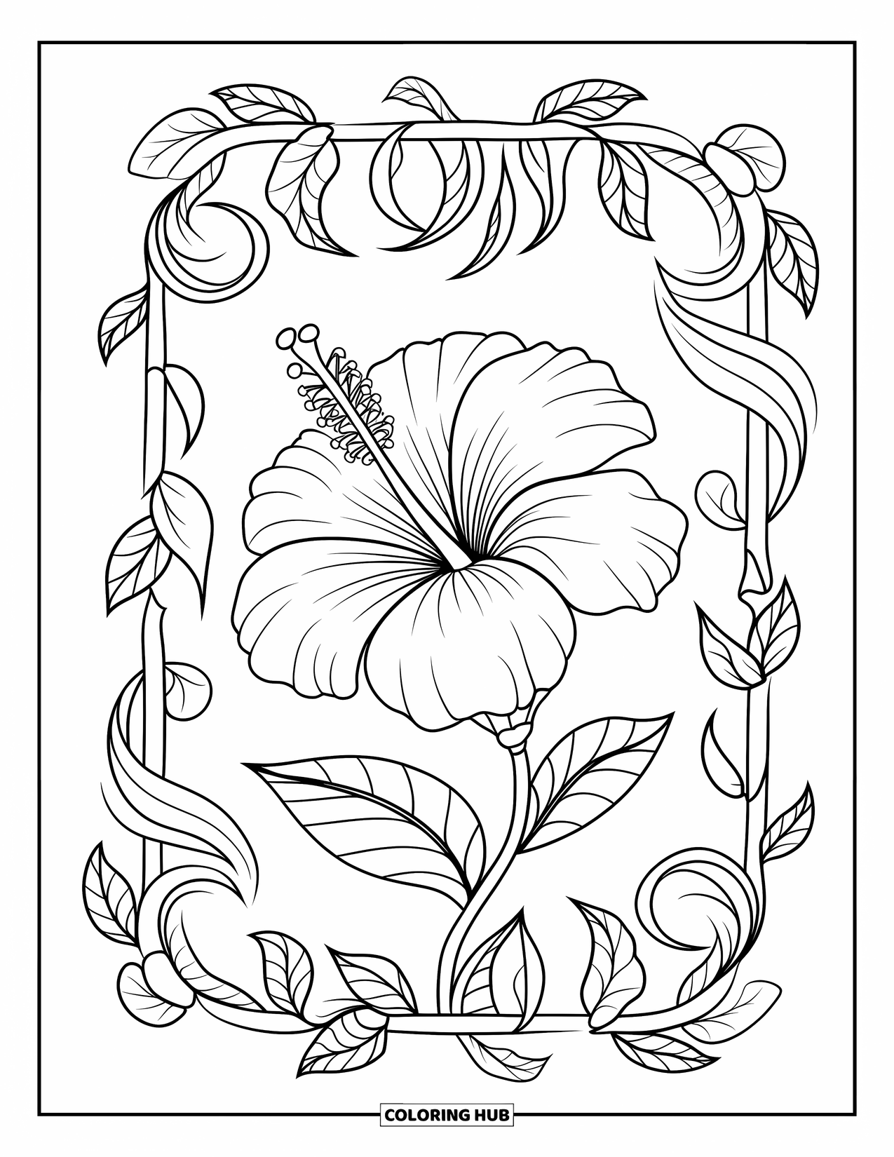 Hibiscus Coloring Page for Adults: Hibiscus bloom wrapped in leafy mandala vines