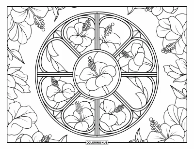 Desenho de hibisco para colorir para adultos: Flores de hibisco decorando uma janela circular de vitral com contornos nítidos