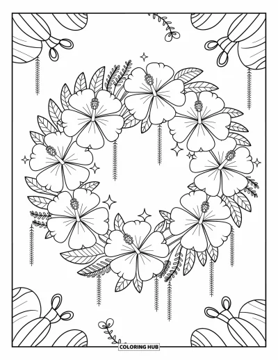 Desenho de hibisco para colorir para adultos: Guirlanda de hibisco com fitas pendentes e detalhes cintilantes