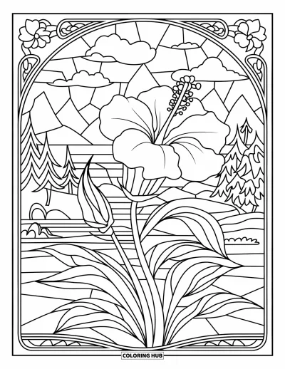 Desenho de hibisco para colorir para adultos: Flor de hibisco em vitral com uma tranquila paisagem natural ao fundo