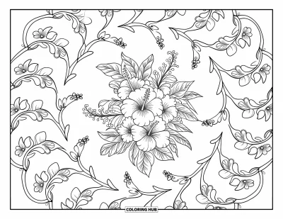 Desenho de hibisco para colorir para adultos: Flores de hibisco e vinhas formando uma mandala circular relaxante
