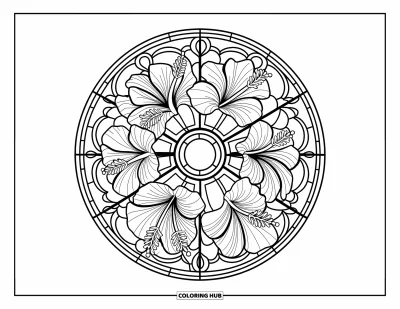 Desenho de hibisco para colorir para adultos: Flores de hibisco preenchendo um círculo de vitral com belos detalhes