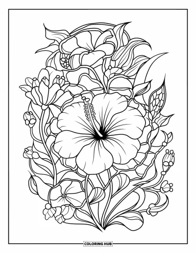 Desenho de hibisco para colorir para adultos: Hibisco rodeado por vinhas e detalhes florais em vitral