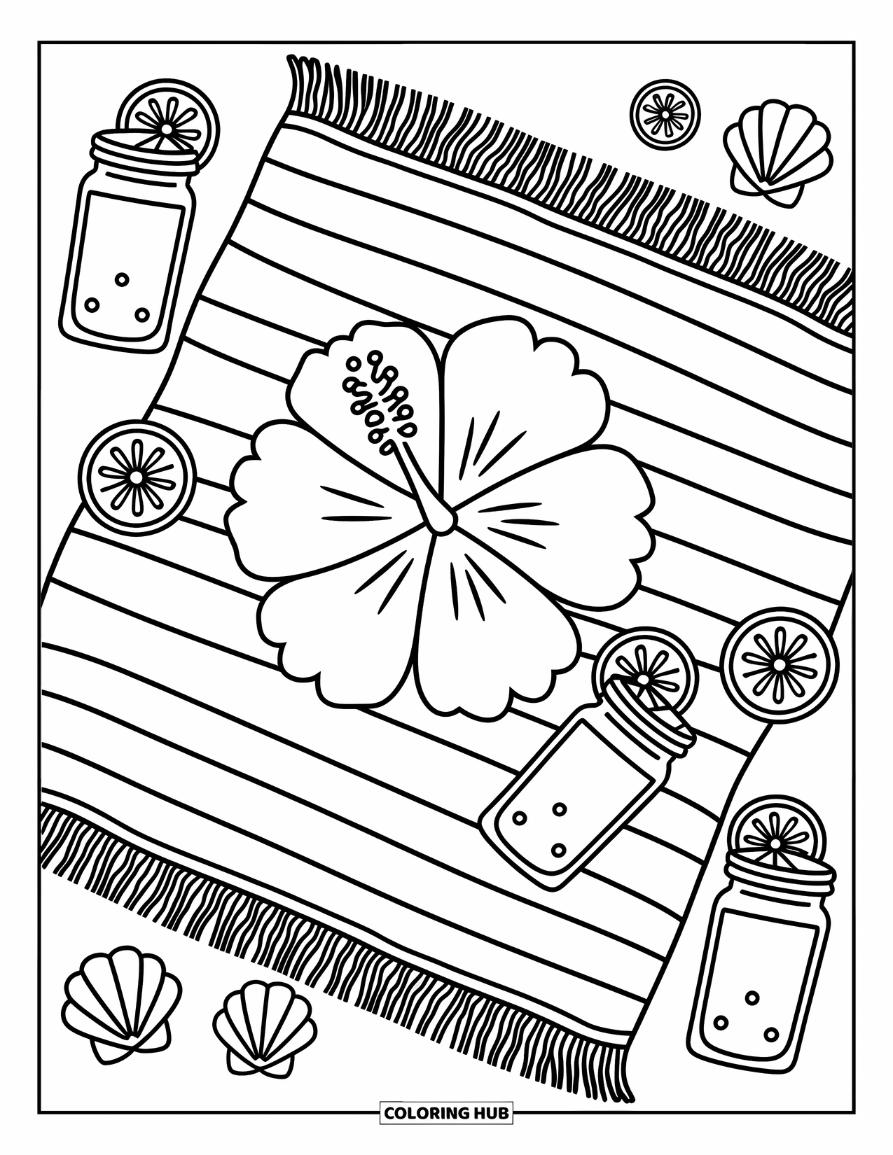 Hibiscus Coloring Page for Adults: Hibiscus-themed beach picnic with lemonade and shell accents