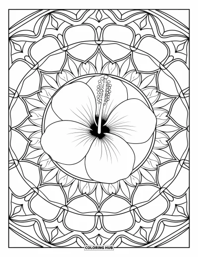 Desenho de hibisco para colorir para adultos: Grande flor de hibisco com formas de mandala simétricas em espiral