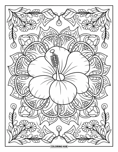 Desenho de hibisco para colorir para adultos: Grande hibisco rodeado por folhas e padrões de mandala floral