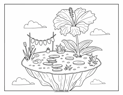 Desenho de hibisco para colorir para adultos: Pequena ilha flutuante com hibisco, pedras de passagem e detalhes encantadores