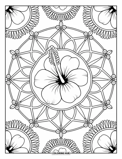 Desenho de hibisco para colorir para adultos: Flor de hibisco redonda com mandala delicada e pequenas flores decorativas