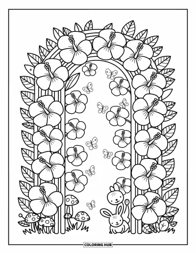 Desenho de hibisco para colorir para adultos: Entrada de jardim secreto com hibiscos, borboletas e detalhes calorosos