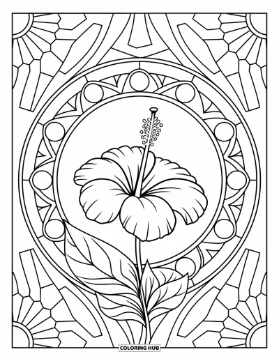 Desenho de hibisco para colorir para adultos: Flor de hibisco única em um círculo de linhas de mandala e estrelas