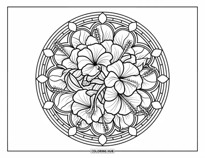 Desenho de hibisco para colorir para adultos: Círculo de vitral com flores de hibisco e designs fluentes
