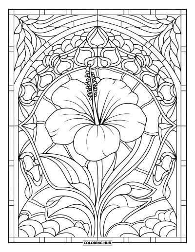 Desenho de hibisco para colorir para adultos: Flor de hibisco em vitral rodeada por designs florais fluentes