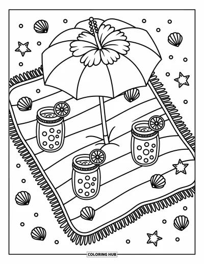 Desenho de hibisco para colorir para adultos: Cena de piquenique ensolarado com hibiscos, limonada e conchas do mar
