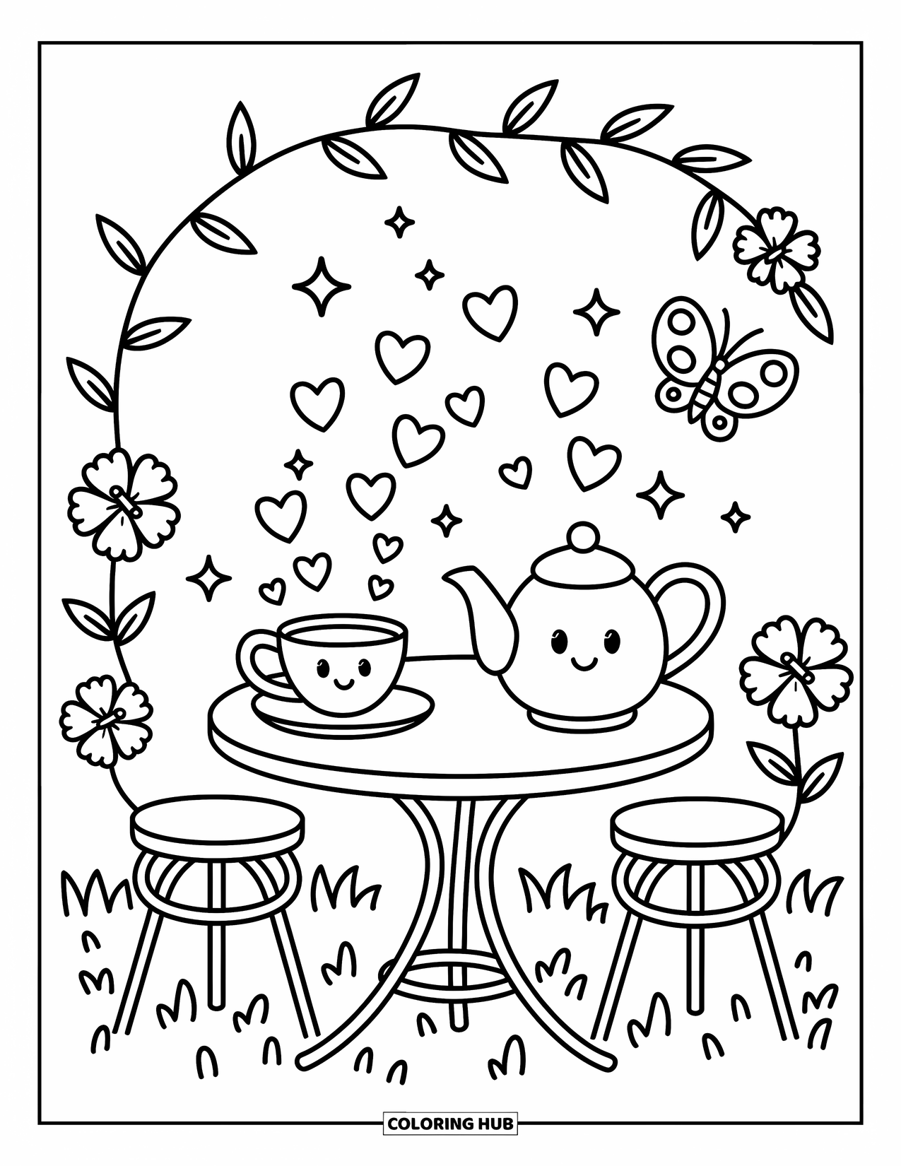 Hibiscus Coloring Page for Adults: Teacup and teapot in a garden with smiling steam clouds
