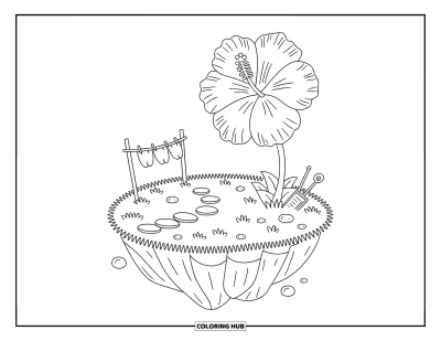 Desenho de hibisco para colorir para adultos: Ilhazinha com uma grande flor de hibisco e detalhes fofos de jardim