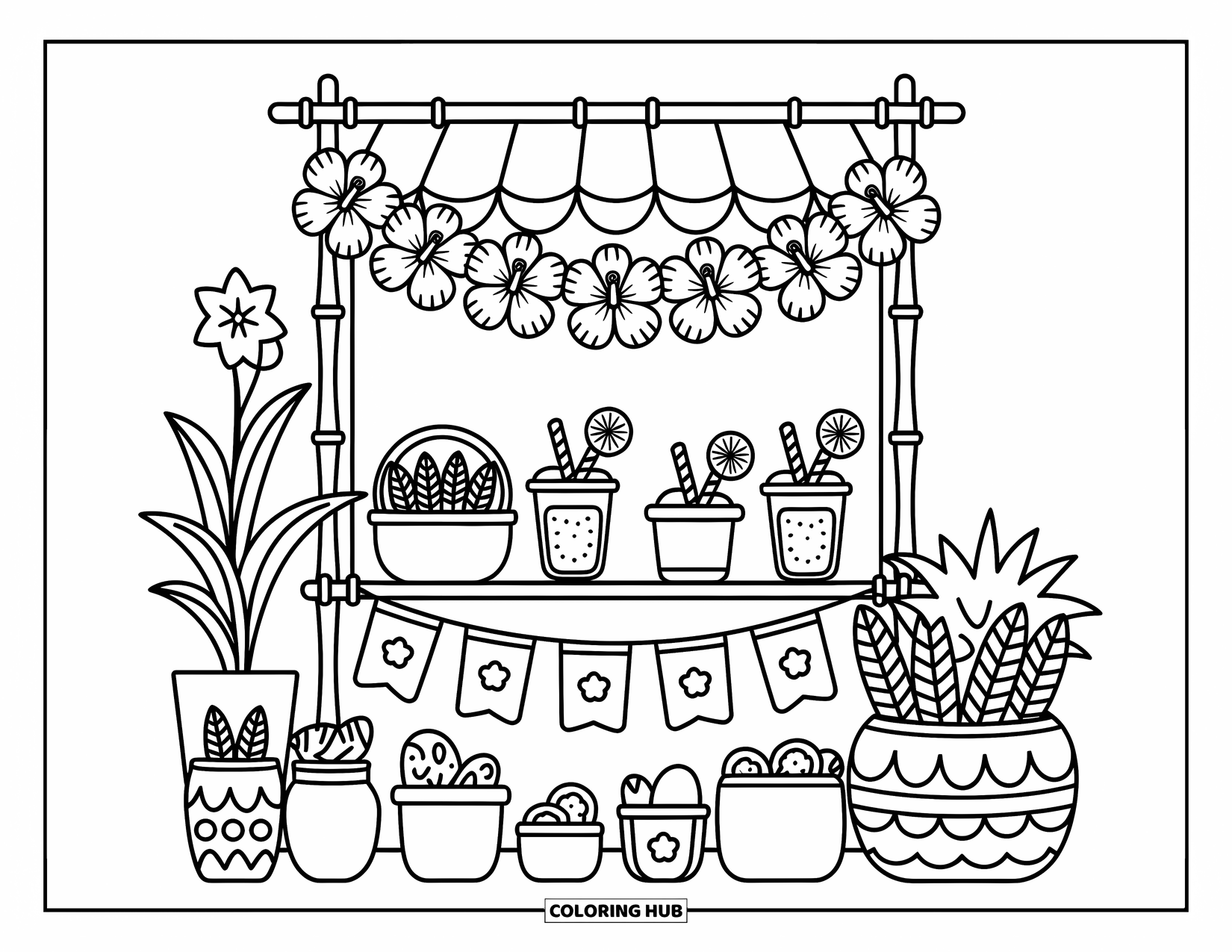 Hibiscus Coloring Page for Adults: Tiny plant market with hibiscus garlands and sweet treats