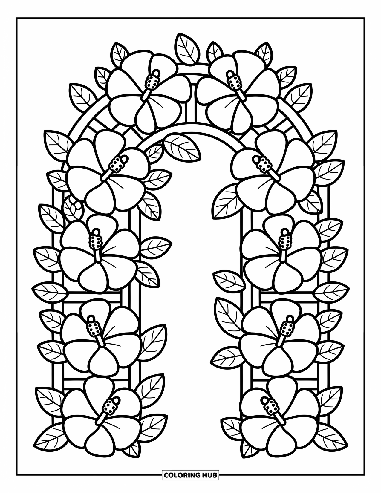 Hibiscus Coloring Page for Adults: Trellis arch wrapped in hibiscus leading to a secret garden