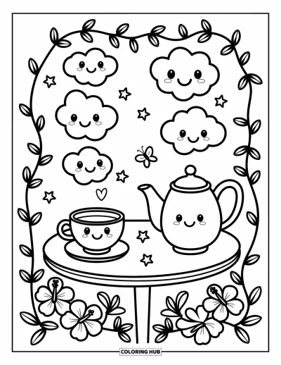 Desenho de hibisco para colorir para adultos: Cena de chá encantadora com hibiscos, vinhas e corações de vapor flutuantes