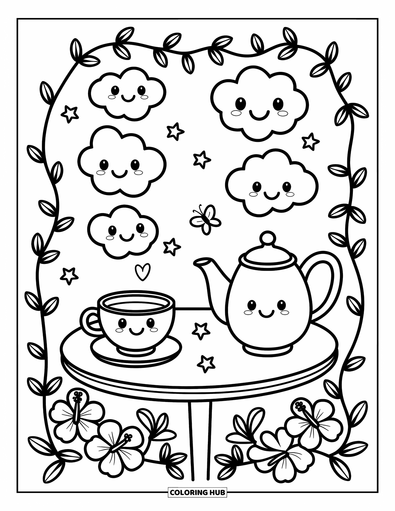 Hibiscus Coloring Page for Adults: Whimsical tea scene with hibiscus, vines, and floating steam hearts