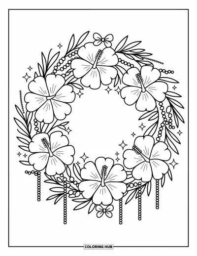 Desenho de hibisco para colorir para adultos: Guirlanda encantadora de hibiscos com fitas e laços brilhantes