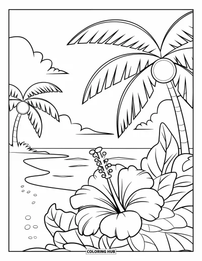 Desenho de hibisco para colorir para crianças: Cena de praia com palmeiras e uma grande flor de hibisco