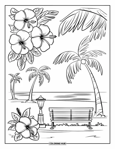 Desenho de hibisco para colorir para crianças: Banco na praia com hibiscos e palmeiras ao redor