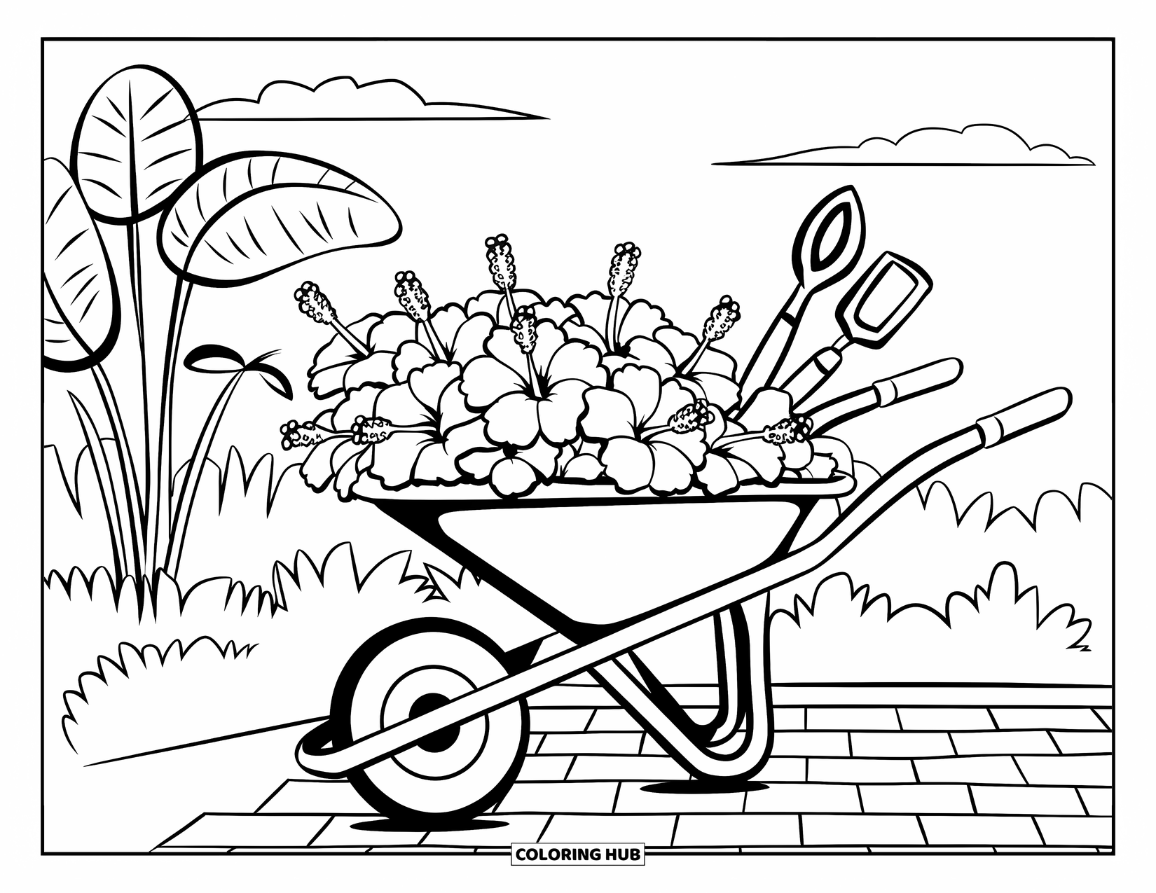 Hibiscus Coloring Page for Kids: Cart full of hibiscus and tools in a leafy garden