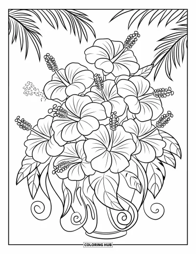 Desenho de hibisco para colorir para crianças: Conjunto de flores de hibisco dispostas em um vaso