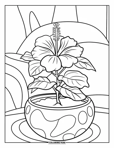 Desenho de hibisco para colorir para crianças: Vaso arredondado com uma grande planta de hibisco e muitas pétalas