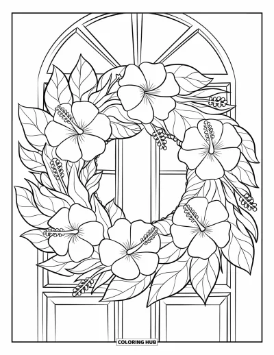 Desenho de hibisco para colorir para crianças: Guirlanda de hibisco para porta com belos detalhes de folhas