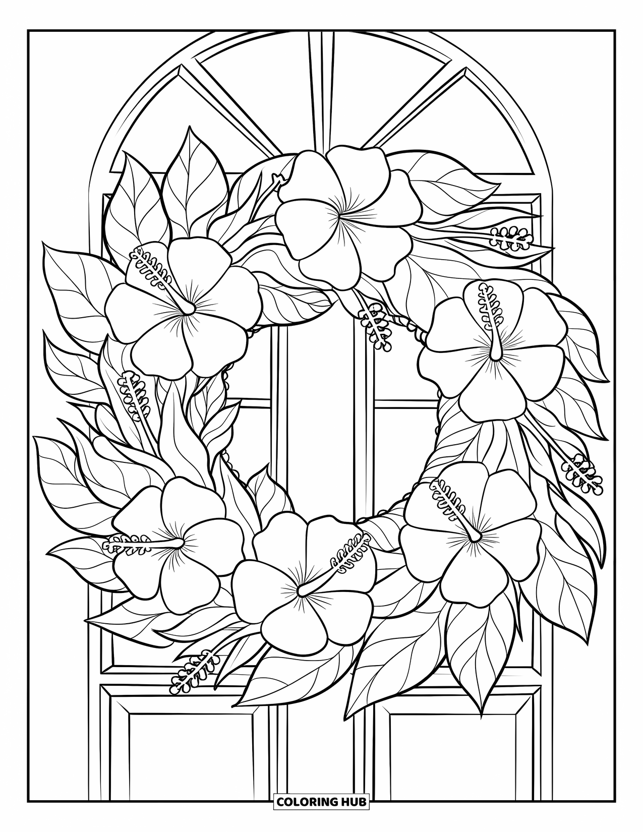 Hibiscus Coloring Page for Kids: Door-hanging hibiscus wreath with pretty leaf details