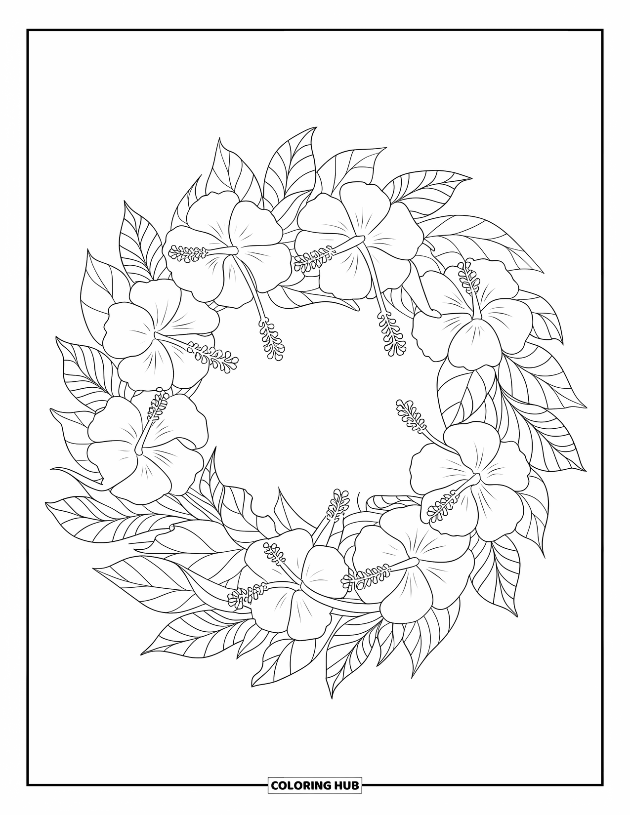 Hibiscus Coloring Page for Kids: Floral wreath of hibiscus and soft curved leaves