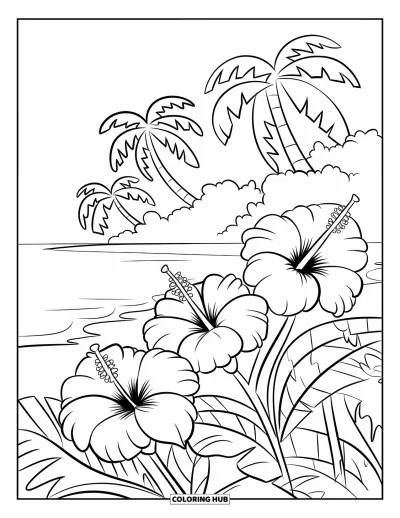 Desenho de hibisco para colorir para crianças: Hibiscos e palmeiras à beira de uma praia arenosa