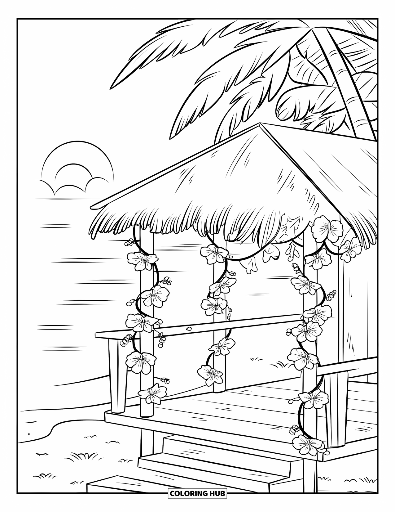 Hibiscus Coloring Page for Kids: Hibiscus-decorated beach hut near calm ocean waters