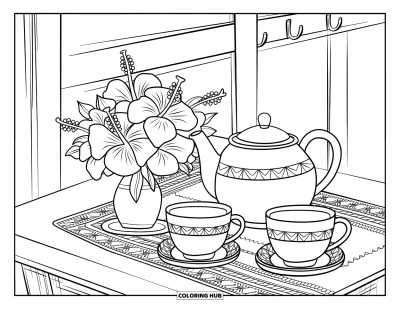Desenho de hibisco para colorir para crianças: Flores de hibisco com jogo de chá sobre uma mesa com toalha