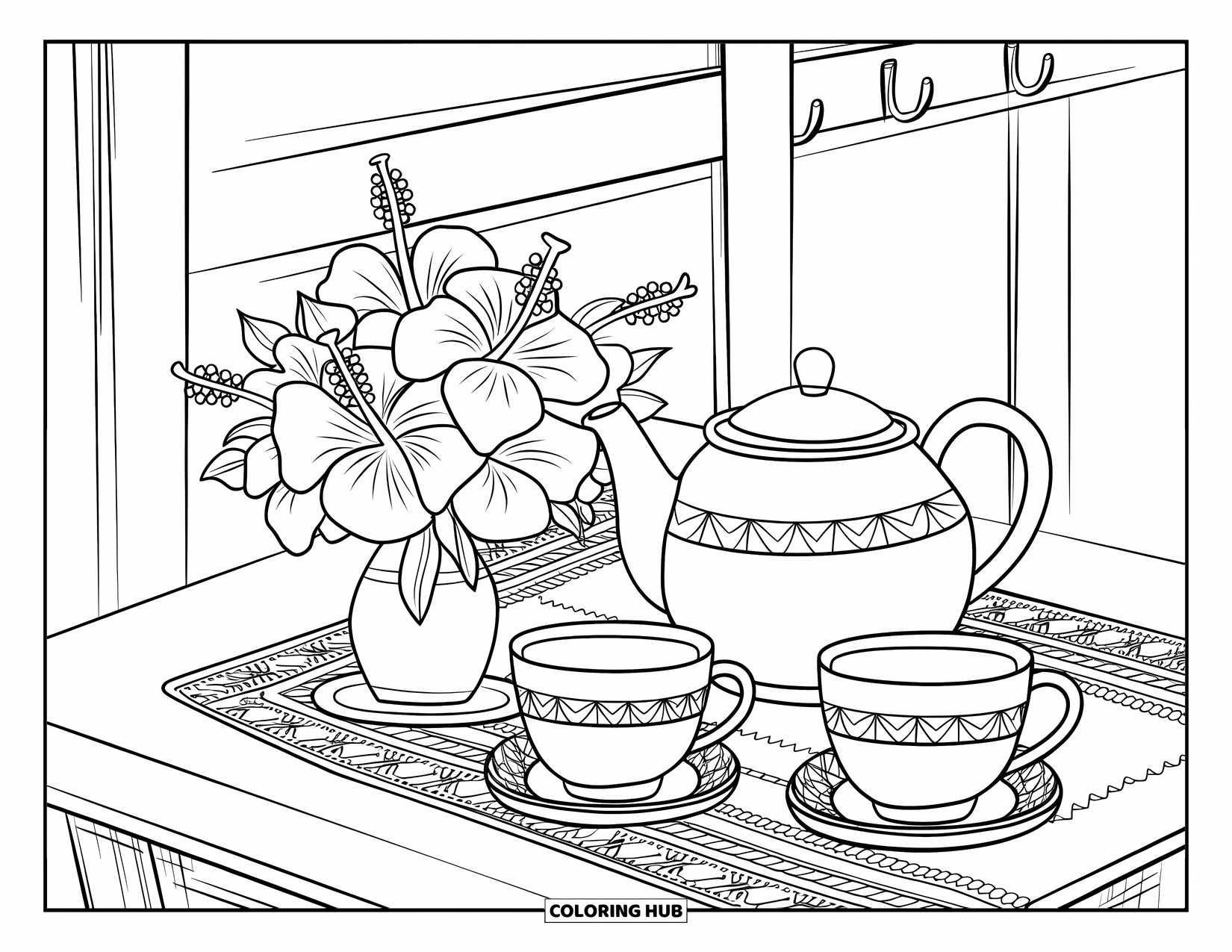 Hibiscus Coloring Page for Kids: Hibiscus flowers with tea set on a rug-covered table
