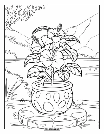 Desenho de hibisco para colorir para crianças: Hibisco em vaso redondo com uma bela paisagem de montanhas ao fundo