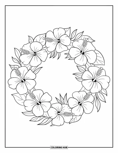 Desenho de hibisco para colorir para crianças: Guirlanda de hibisco com folhas delicadas e curvas suaves