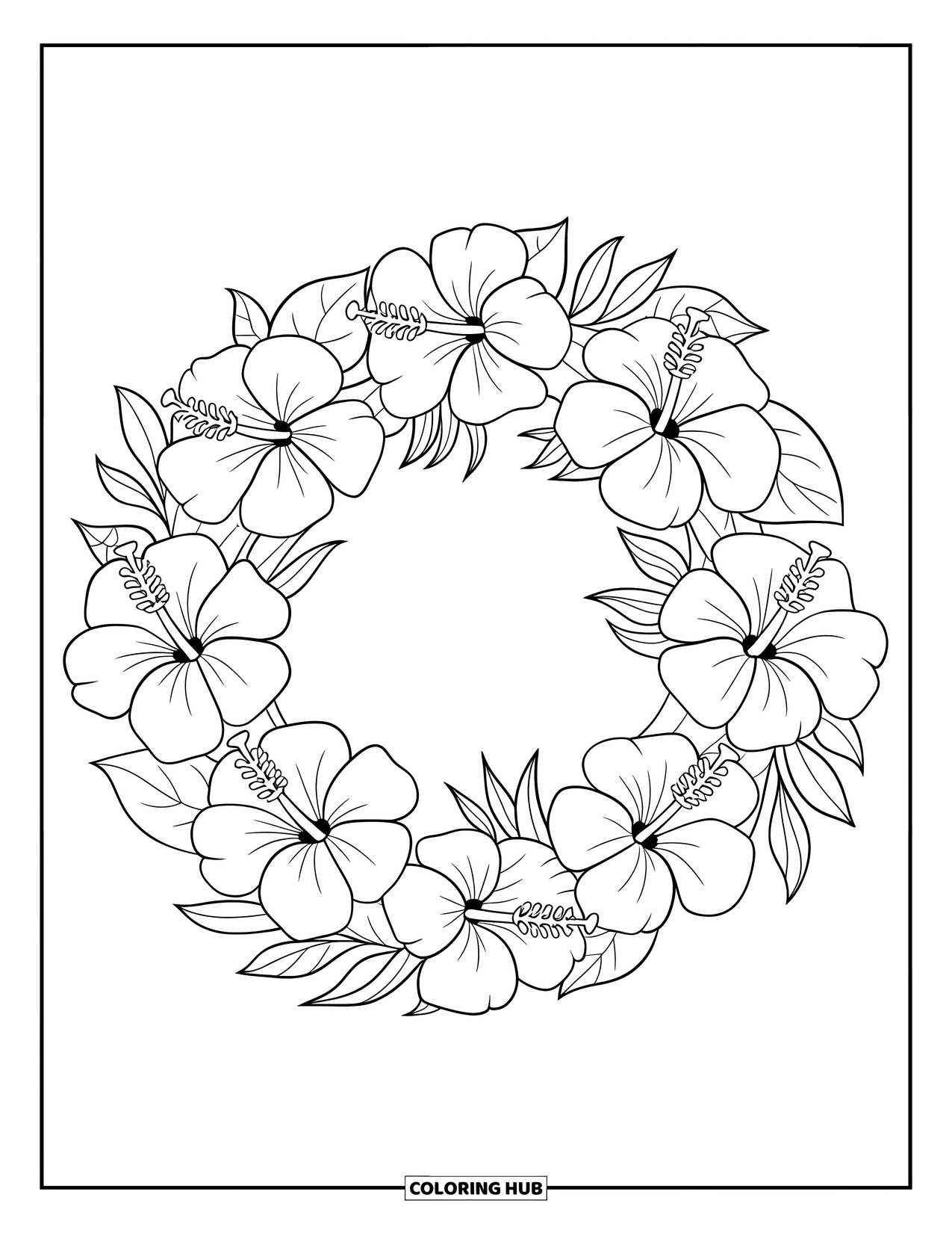 Hibiscus Coloring Page for Kids: Hibiscus wreath design with gentle leaves and soft curves