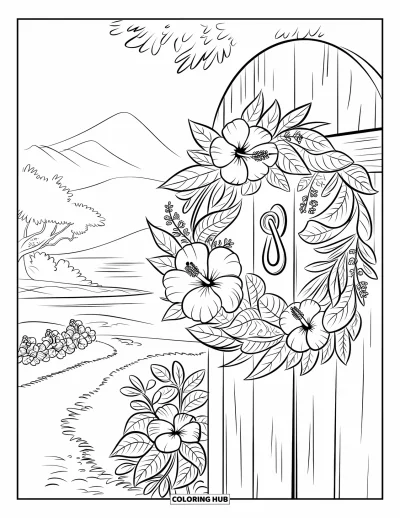 Desenho de hibisco para colorir para crianças: Guirlanda de hibisco em uma porta com caminho de jardim
