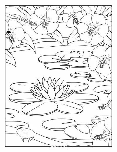 Desenho de hibisco para colorir para crianças: Cena de lago com hibiscos marcantes e uma folha de vitória-régia
