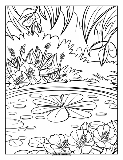 Desenho de hibisco para colorir para crianças: Lago tranquilo com flores de hibisco e folhagem ao redor