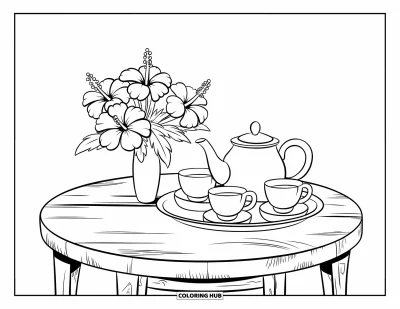 Desenho de hibisco para colorir para crianças: Jogo de chá e vaso de hibisco sobre uma mesa de madeira