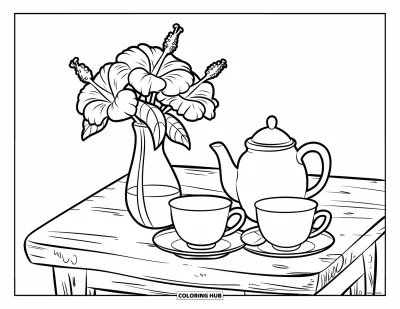 Desenho de hibisco para colorir para crianças: Bule e xícaras ao lado de hibiscos em um vasinho