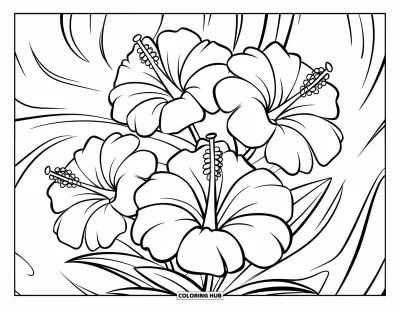 Desenho de hibisco para colorir para crianças: Três flores de hibisco rodeadas por espirais divertidas