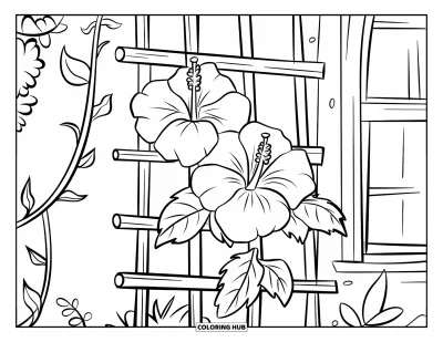 Desenho de hibisco para colorir para crianças: Treliça com hibiscos floridos e um passarinho curioso
