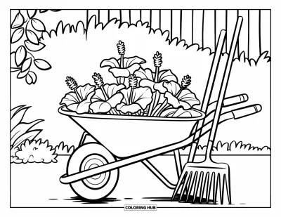Desenho de hibisco para colorir para crianças: Carrinho de mão e ferramentas entre hibiscos em um jardim aconchegante